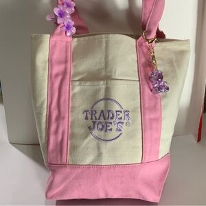 Trader Joe’s Pink & Cream MINI Canvas Tote Bag with Floral Charm